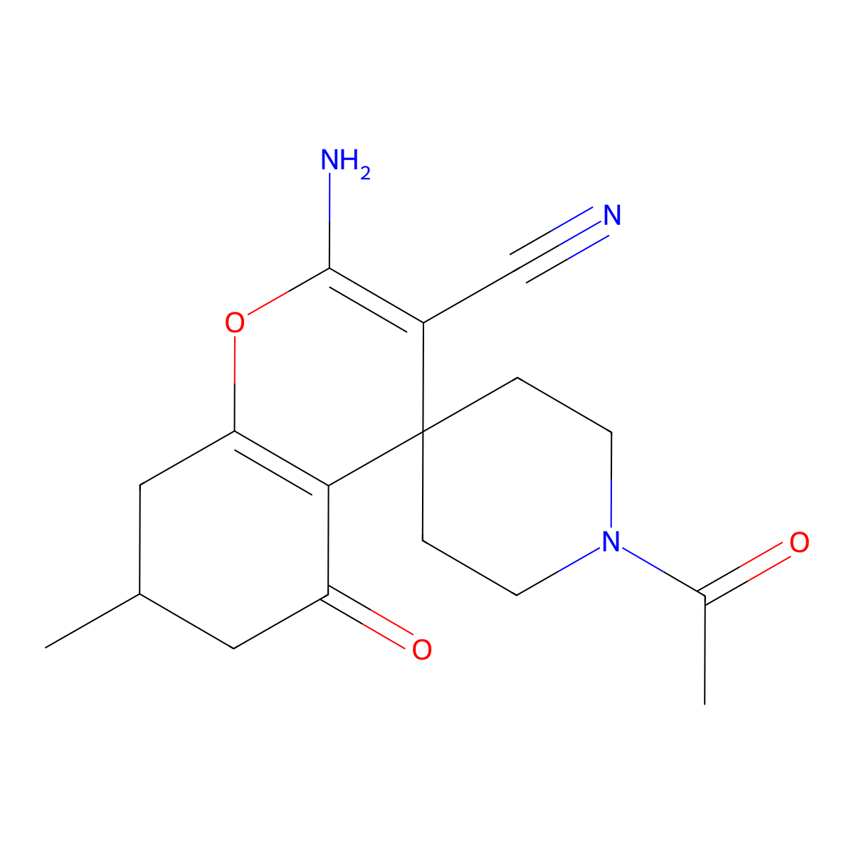 1'-Acetyl-2-amino-7-methyl-5-oxo-5,6,7,8-tetrahydrospiro[chromene-4,4'-piperidine]-3-carbonitrile molecular structure, CAS 625369-39-3
