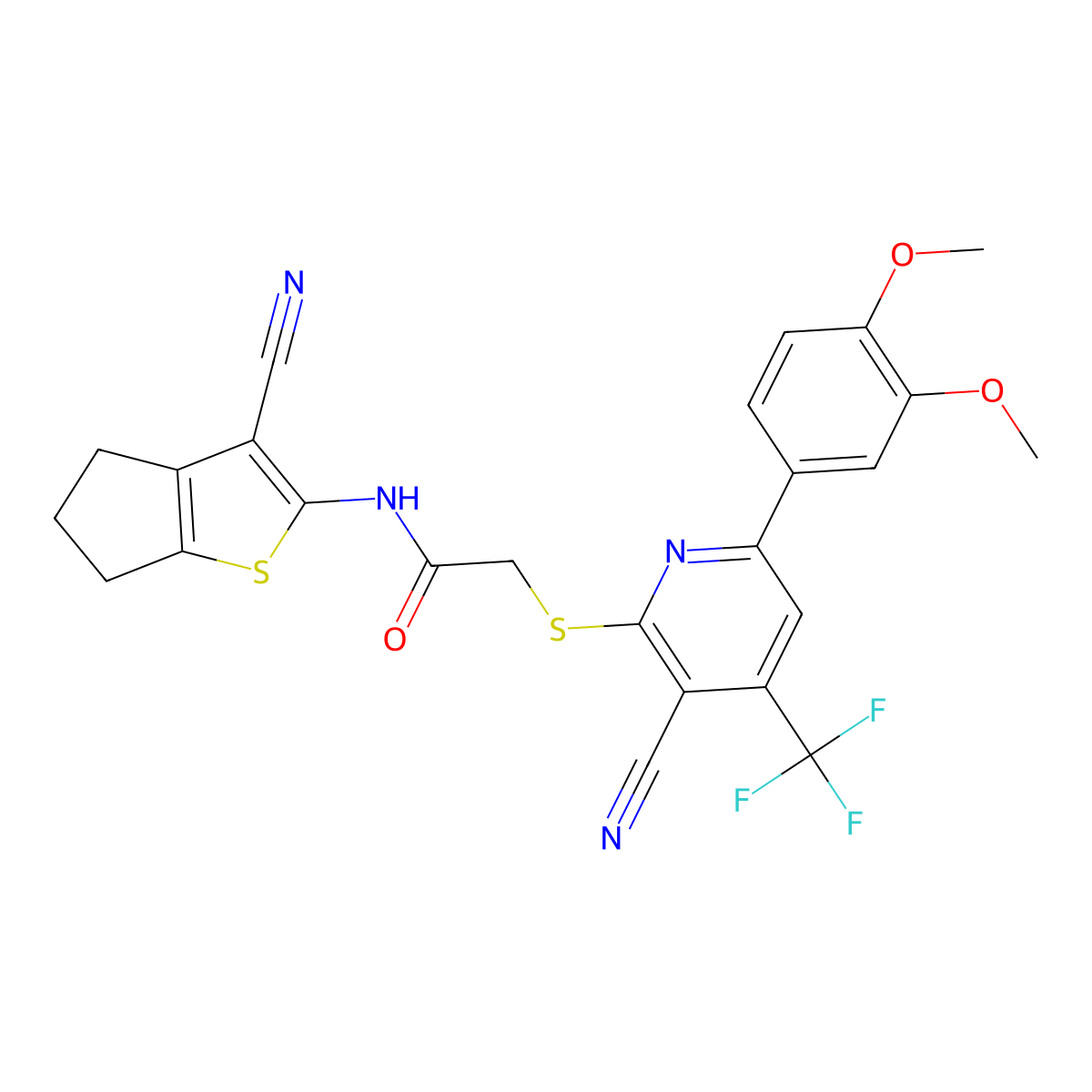 N-(3-cyano-5,6-dihydro-4H-cyclopenta[b]thiophen-2-yl)-2-[3-cyano-6-(3,4-dimethoxyphenyl)-4-(trifluoromethyl)pyridin-2-yl]sulfanylacetamide molecular structure, CAS 625369-48-4