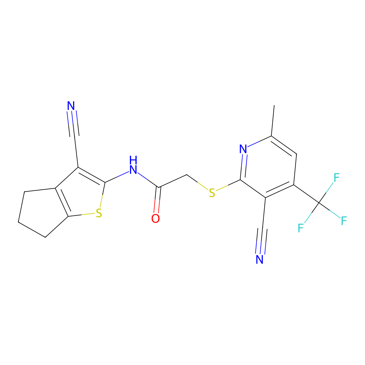 N-(3-cyano-5,6-dihydro-4H-cyclopenta[b]thiophen-2-yl)-2-{[3-cyano-6-methyl-4-(trifluoromethyl)-2-pyridinyl]sulfanyl}acetamide molecular structure, CAS 625369-63-3