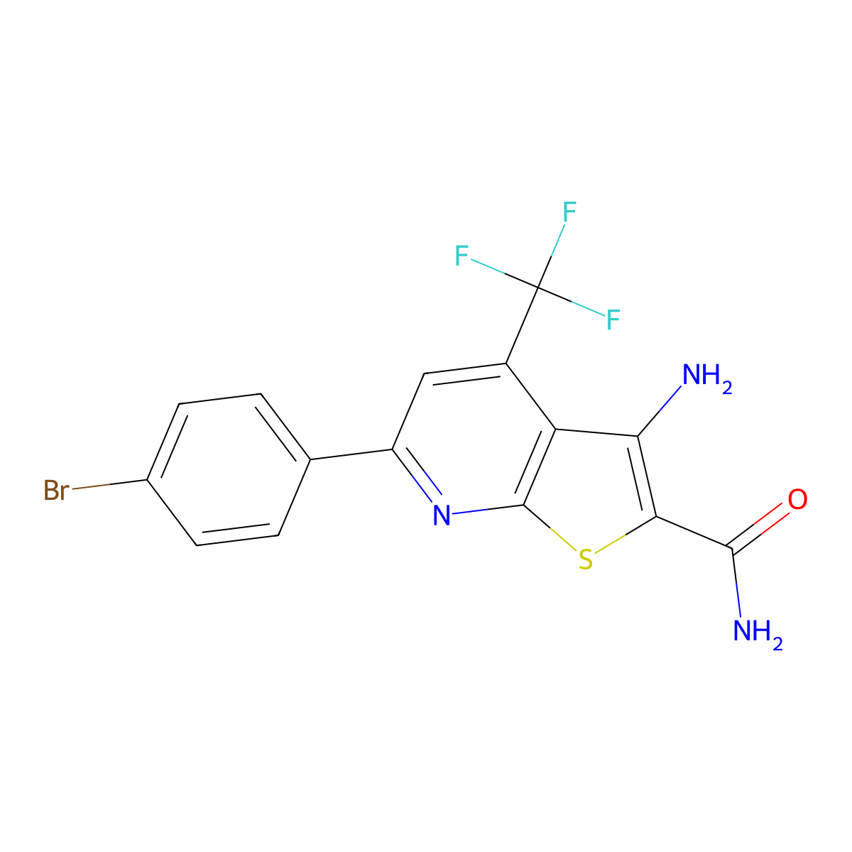 3-Amino-6-(4-bromophenyl)-4-(trifluoromethyl)thieno[2,3-b]pyridine-2-carboxamide molecular structure, CAS 625369-64-4