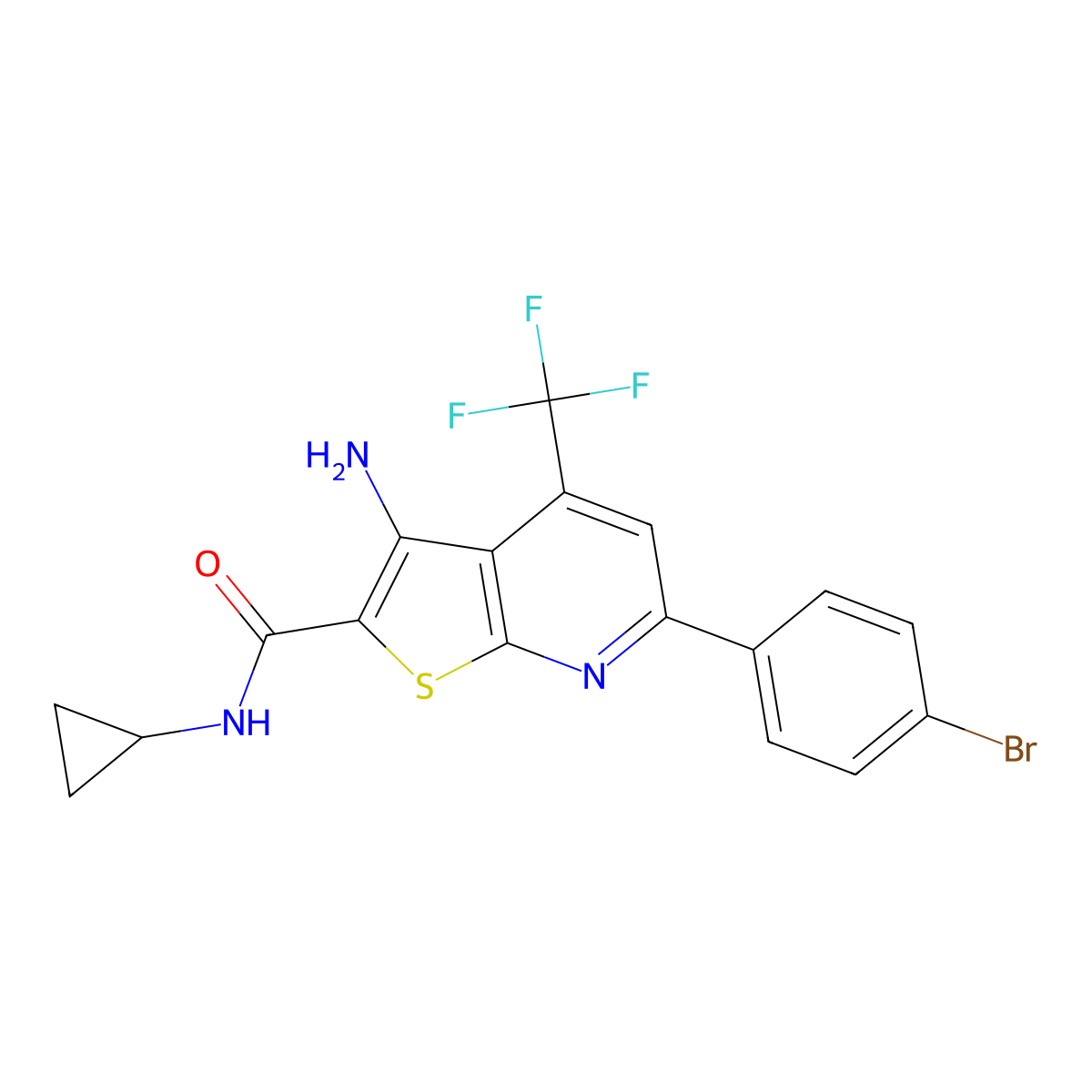 3-amino-6-(4-bromophenyl)-N-cyclopropyl-4-(trifluoromethyl)thieno[2,3-b]pyridine-2-carboxamide molecular structure, CAS 625369-65-5
