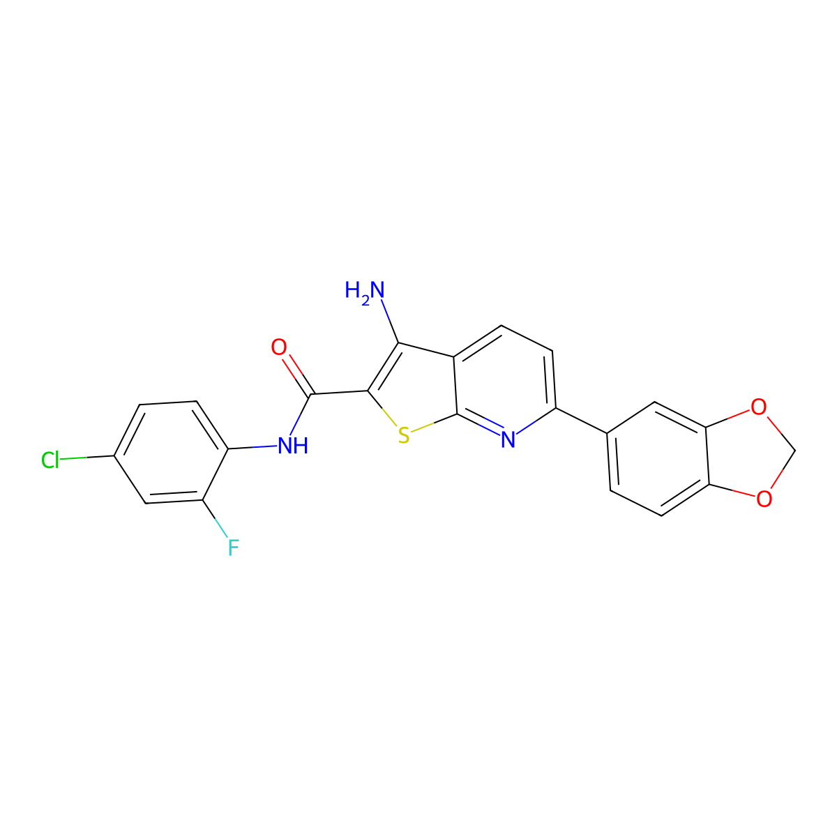 3-amino-6-(1,3-benzodioxol-5-yl)-N-(4-chloro-2-fluorophenyl)thieno[2,3-b]pyridine-2-carboxamide molecular structure, CAS 625369-70-2