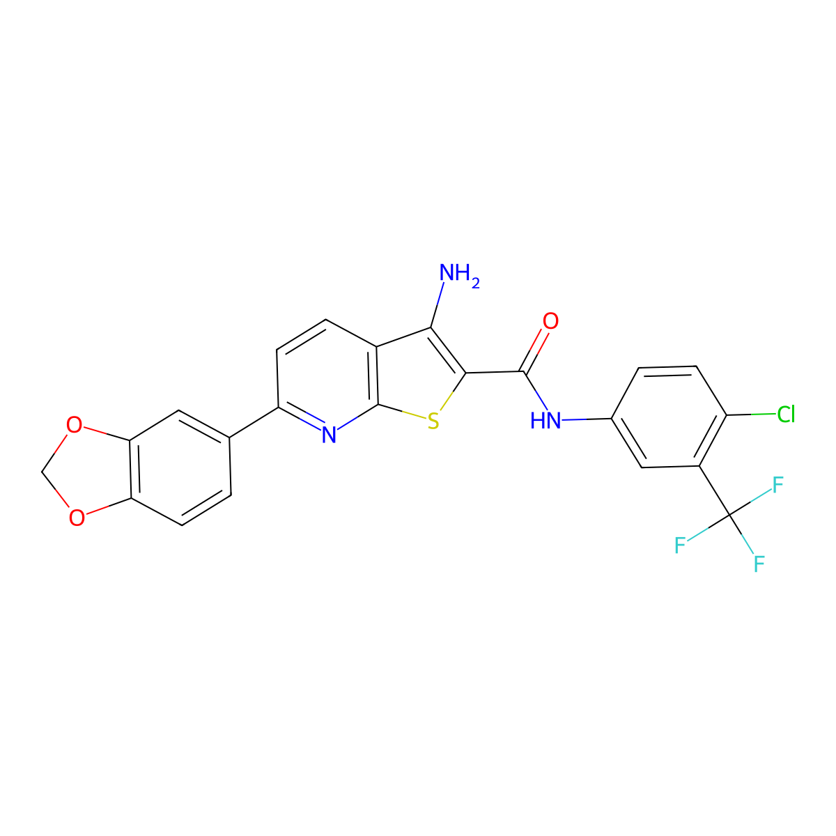 3-amino-6-(1,3-benzodioxol-5-yl)-N-[4-chloro-3-(trifluoromethyl)phenyl]thieno[2,3-b]pyridine-2-carboxamide molecular structure, CAS 625369-78-0