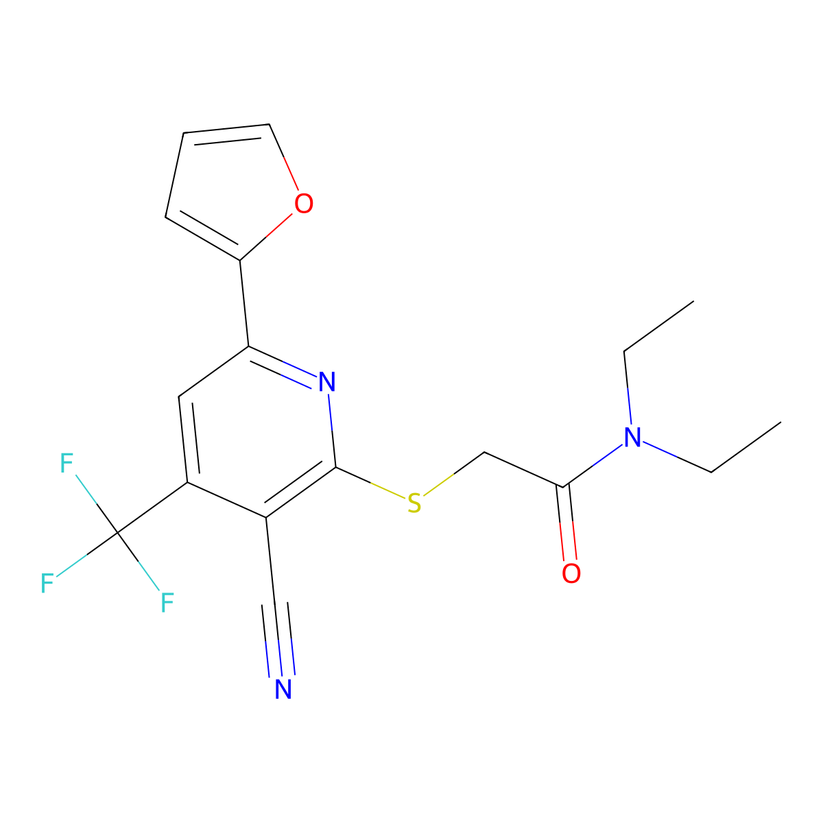 2-[[3-cyano-6-(2-furanyl)-4-(trifluoromethyl)-2-pyridinyl]thio]-N,N-diethylacetamide molecular structure, CAS 625369-83-7