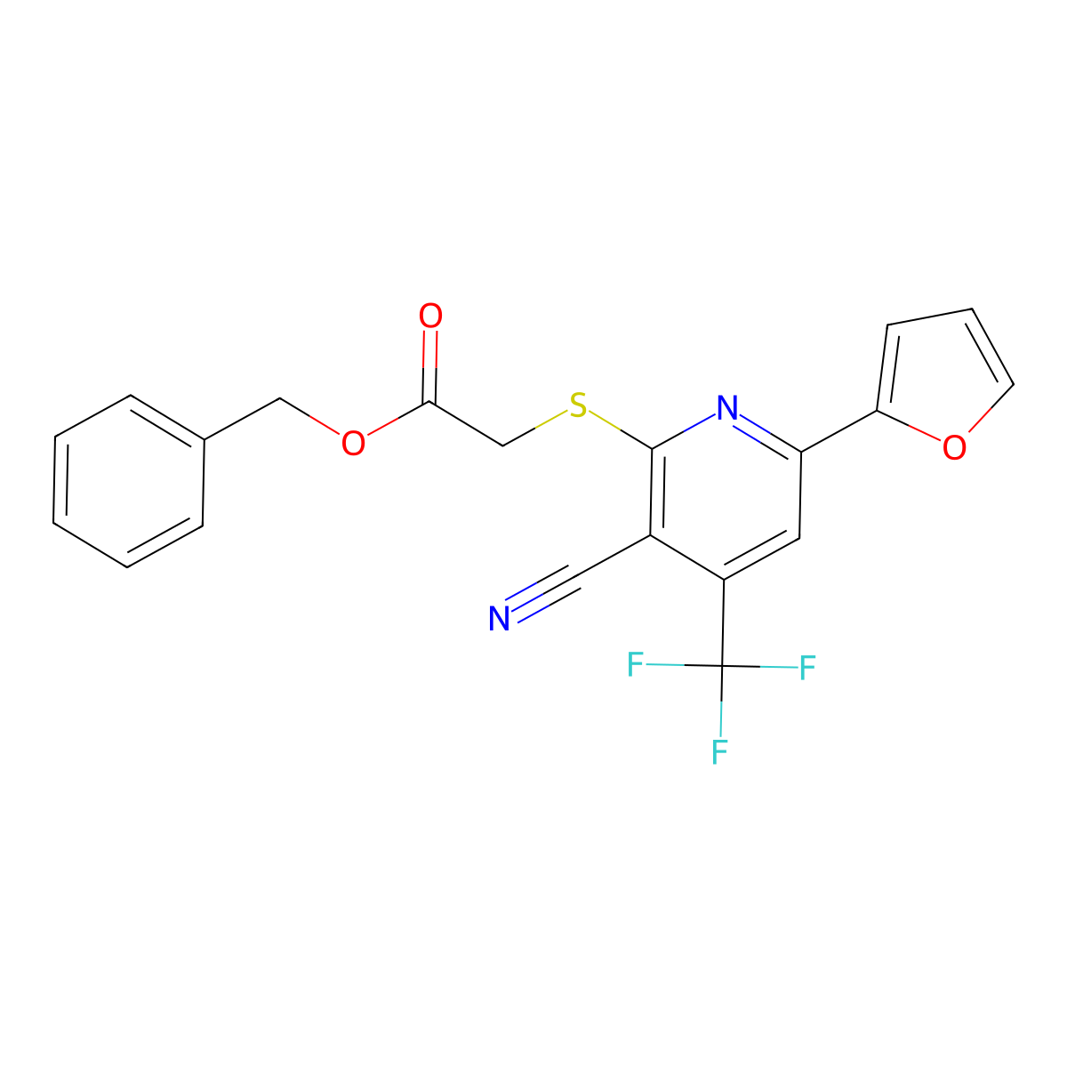 Benzyl 2-[3-cyano-6-(furan-2-yl)-4-(trifluoromethyl)pyridin-2-yl]sulfanylacetate molecular structure, CAS 625369-86-0