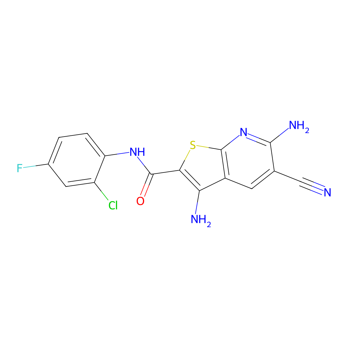 3,6-diamino-N-(2-chloro-4-fluorophenyl)-5-cyanothieno[2,3-b]pyridine-2-carboxamide molecular structure, CAS 625369-90-6