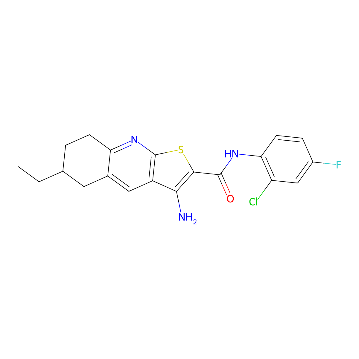3-amino-N-(2-chloro-4-fluorophenyl)-6-ethyl-5,6,7,8-tetrahydrothieno[2,3-b]quinoline-2-carboxamide molecular structure, CAS 625370-22-1