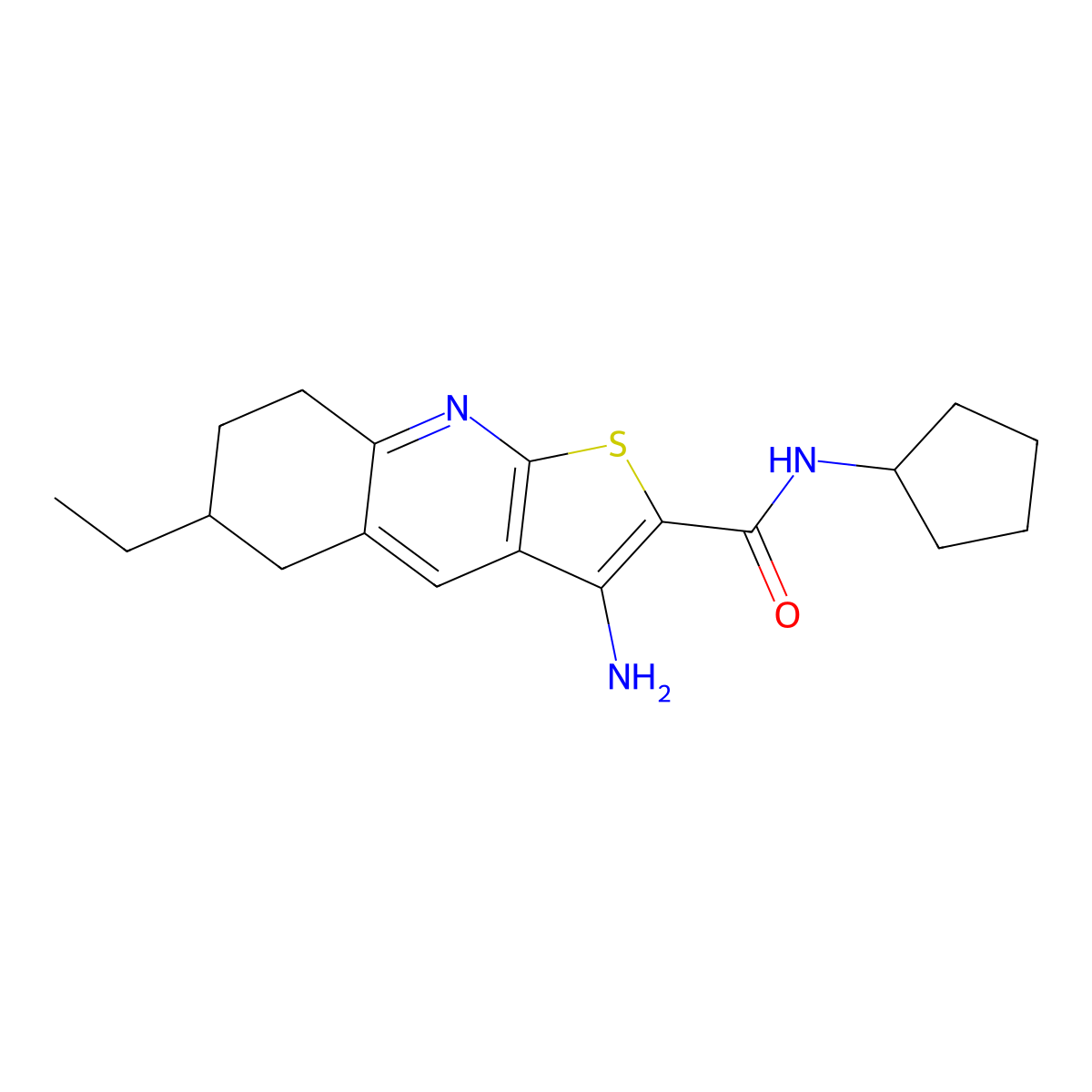 3-amino-N-cyclopentyl-6-ethyl-5,6,7,8-tetrahydrothieno[2,3-b]quinoline-2-carboxamide molecular structure, CAS 625370-23-2