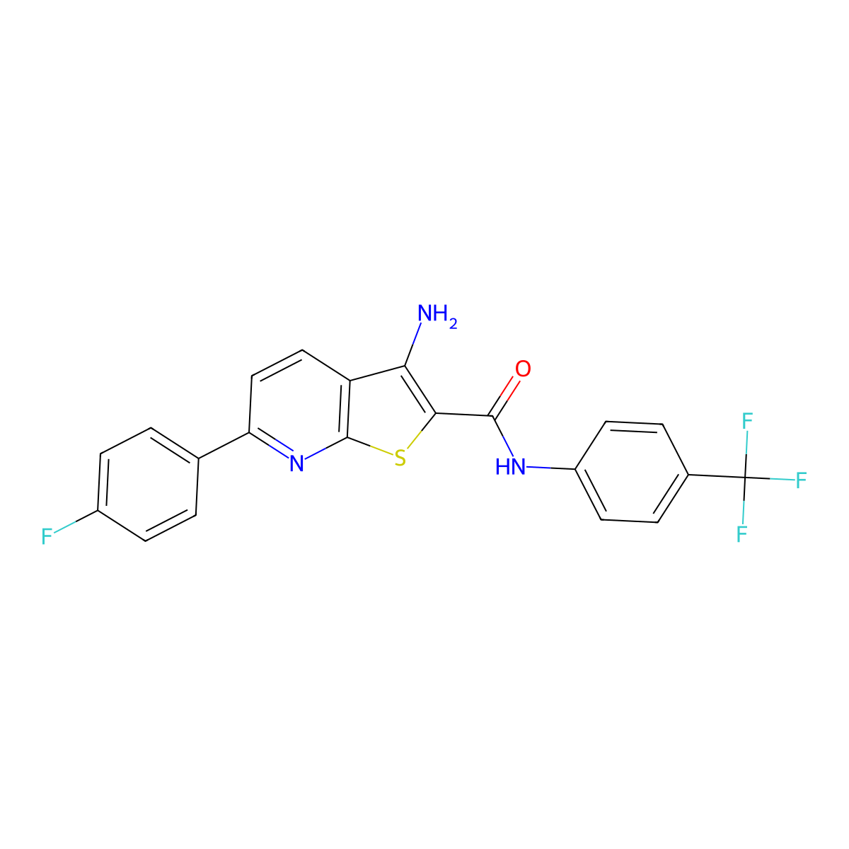 3-amino-6-(4-fluorophenyl)-N-[4-(trifluoromethyl)phenyl]thieno[2,3-b]pyridine-2-carboxamide molecular structure, CAS 625370-36-7