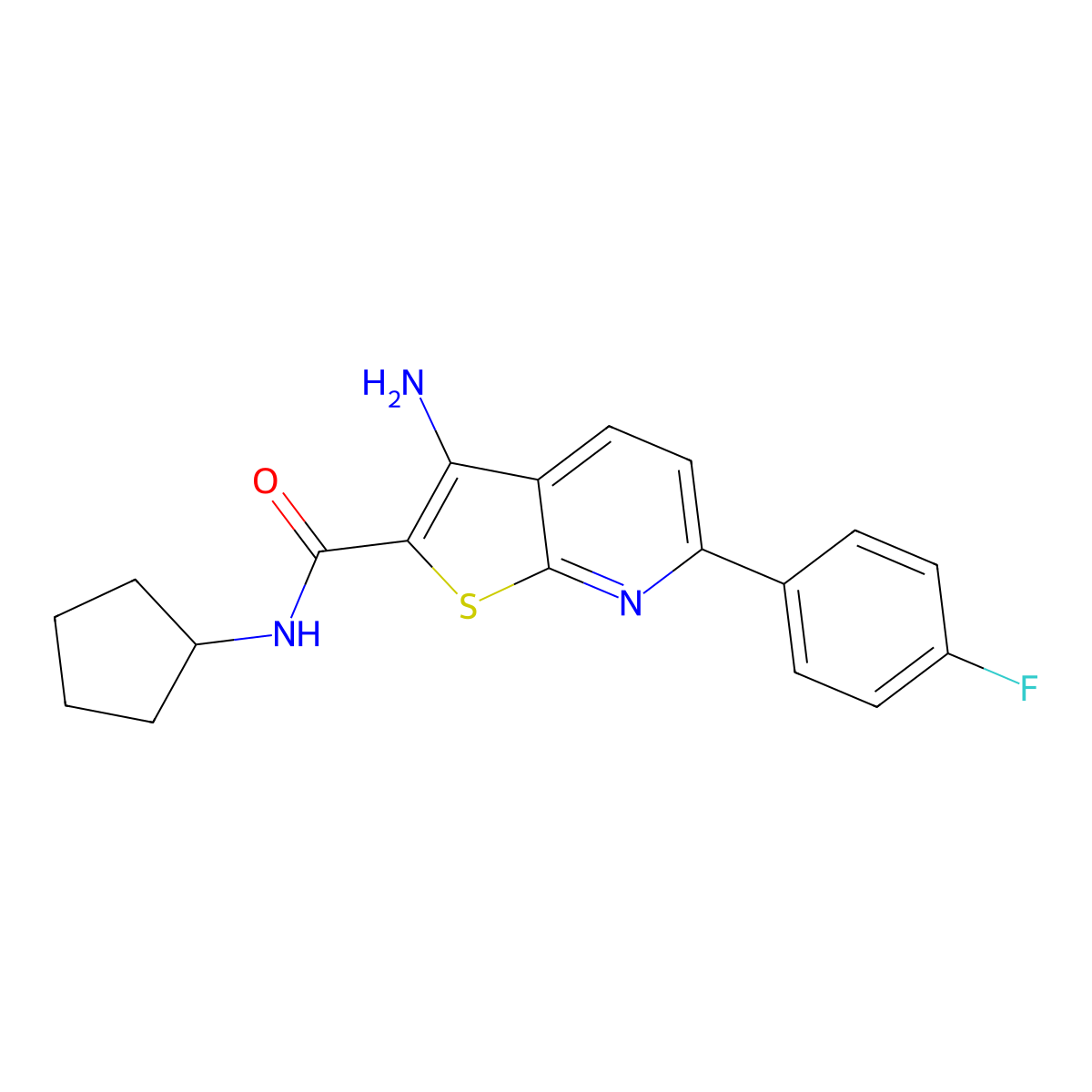3-amino-N-cyclopentyl-6-(4-fluorophenyl)thieno[2,3-b]pyridine-2-carboxamide molecular structure, CAS 625370-45-8