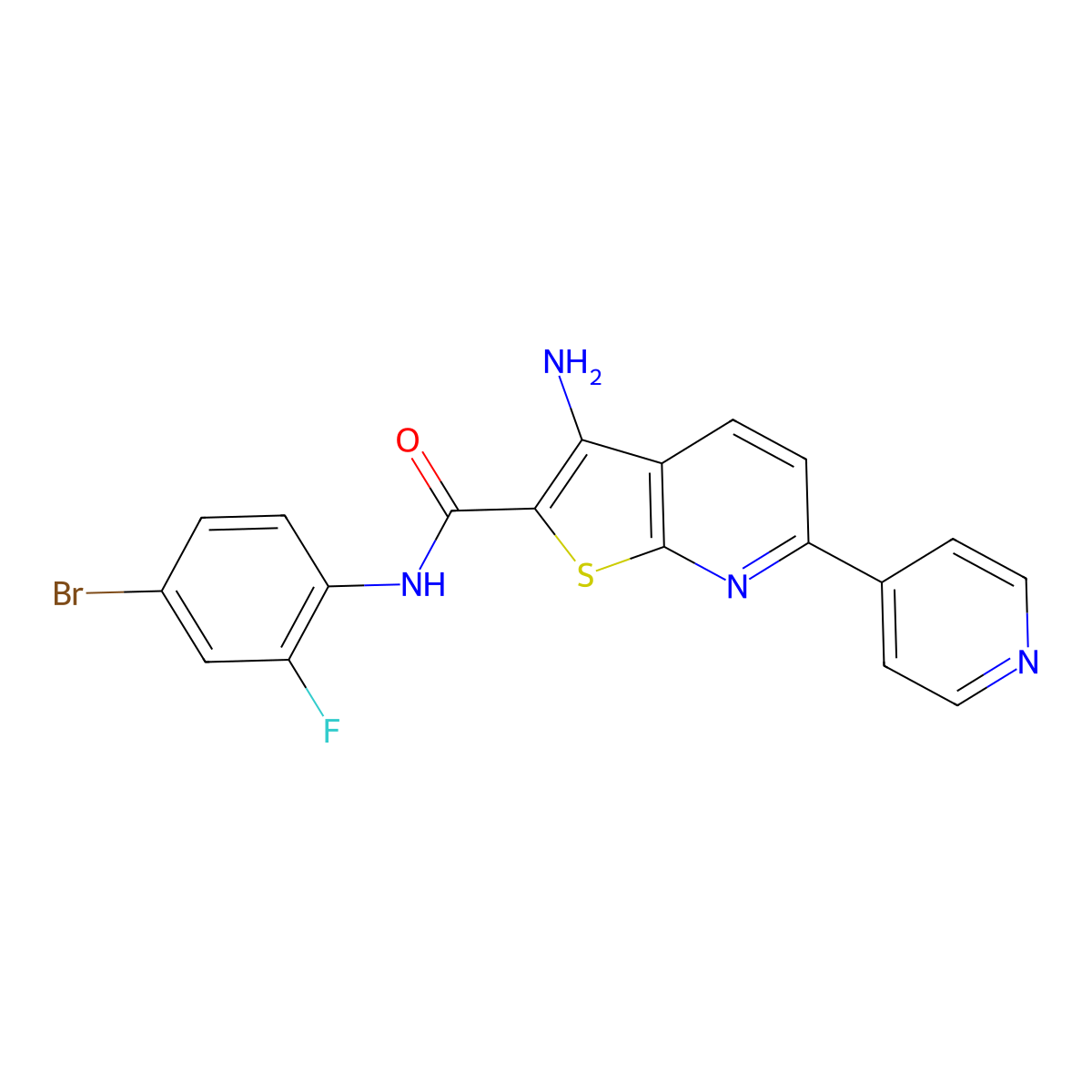 3-amino-N-(4-bromo-2-fluorophenyl)-6-pyridin-4-ylthieno[2,3-b]pyridine-2-carboxamide molecular structure, CAS 625370-65-2