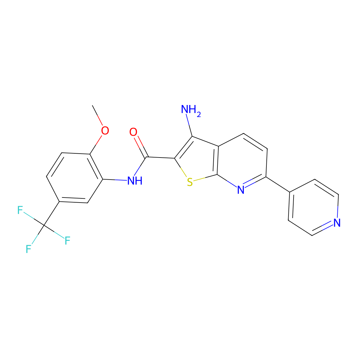 3-amino-N-[2-methoxy-5-(trifluoromethyl)phenyl]-6-pyridin-4-ylthieno[2,3-b]pyridine-2-carboxamide molecular structure, CAS 625370-66-3