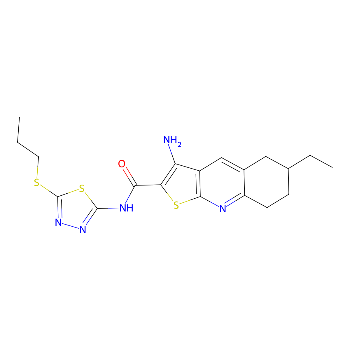 3-amino-6-ethyl-N-(5-propylsulfanyl-1,3,4-thiadiazol-2-yl)-5,6,7,8-tetrahydrothieno[2,3-b]quinoline-2-carboxamide molecular structure, CAS 625370-70-9