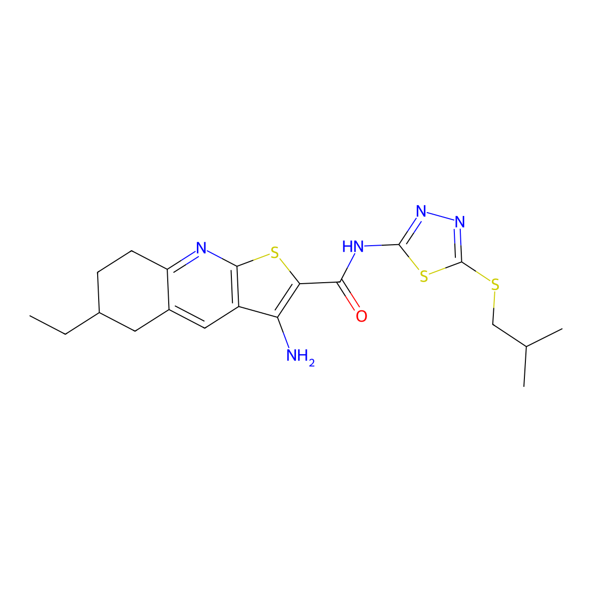 3-amino-6-ethyl-N-[5-(isobutylsulfanyl)-1,3,4-thiadiazol-2-yl]-5,6,7,8-tetrahydrothieno[2,3-b]quinoline-2-carboxamide molecular structure, CAS 625370-71-0