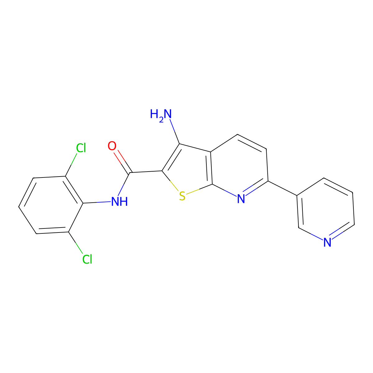3-amino-N-(2,6-dichlorophenyl)-6-(pyridin-3-yl)thieno[2,3-b]pyridine-2-carboxamide molecular structure, CAS 625370-72-1