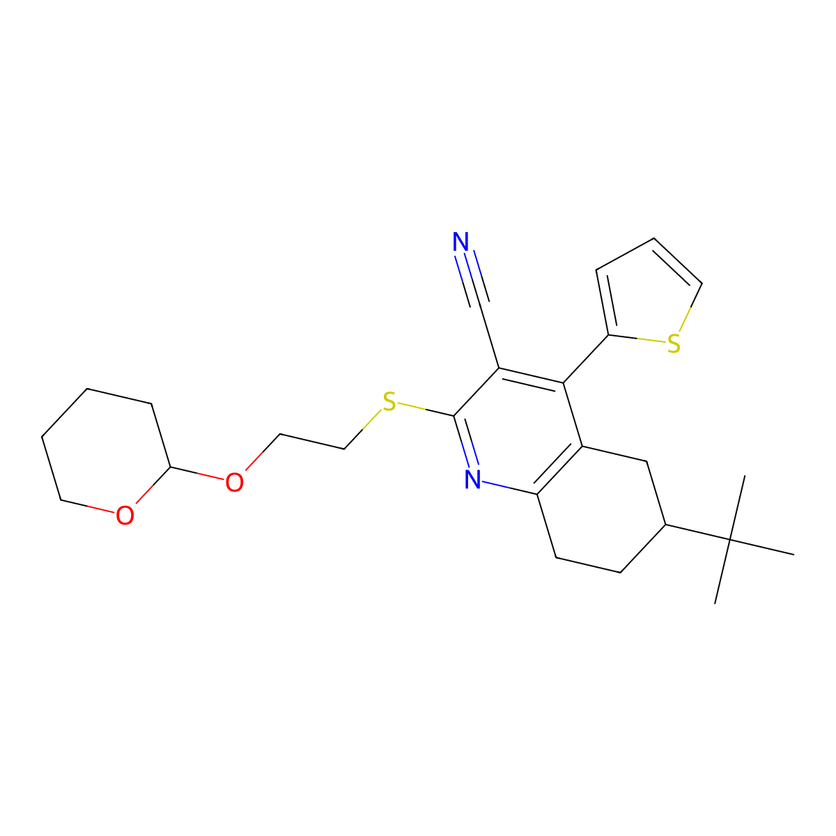 6-(tert-butyl)-2-{[2-(tetrahydro-2H-pyran-2-yloxy)ethyl]sulfanyl}-4-(2-thienyl)-5,6,7,8-tetrahydro-3-quinolinecarbonitrile molecular structure, CAS 625371-93-9