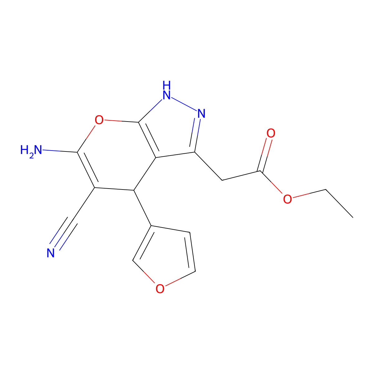 Ethyl [6-amino-5-cyano-4-(furan-3-yl)-1,4-dihydropyrano[2,3-c]pyrazol-3-yl]acetate molecular structure, CAS 625373-08-2