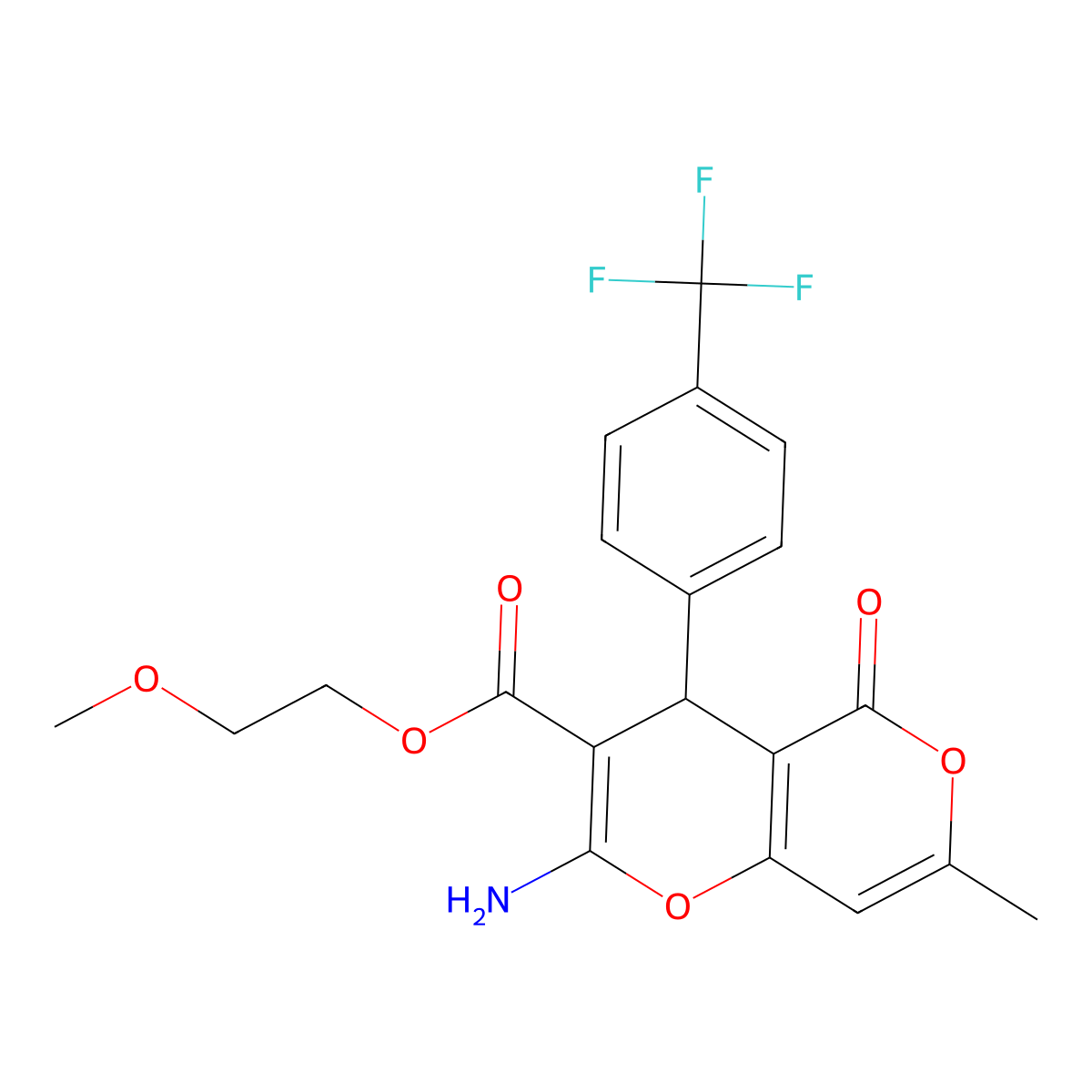 2-methoxyethyl 2-amino-7-methyl-5-oxo-4-[4-(trifluoromethyl)phenyl]-4H-pyrano[3,2-c]pyran-3-carboxylate molecular structure, CAS 625373-18-4