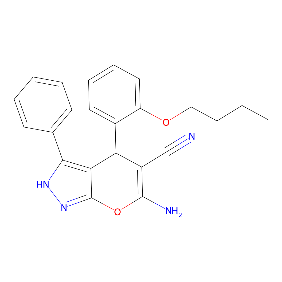6-Amino-4-(2-butoxyphenyl)-3-phenyl-2,4-dihydropyrano[2,3-c]pyrazole-5-carbonitrile molecular structure, CAS 625373-22-0