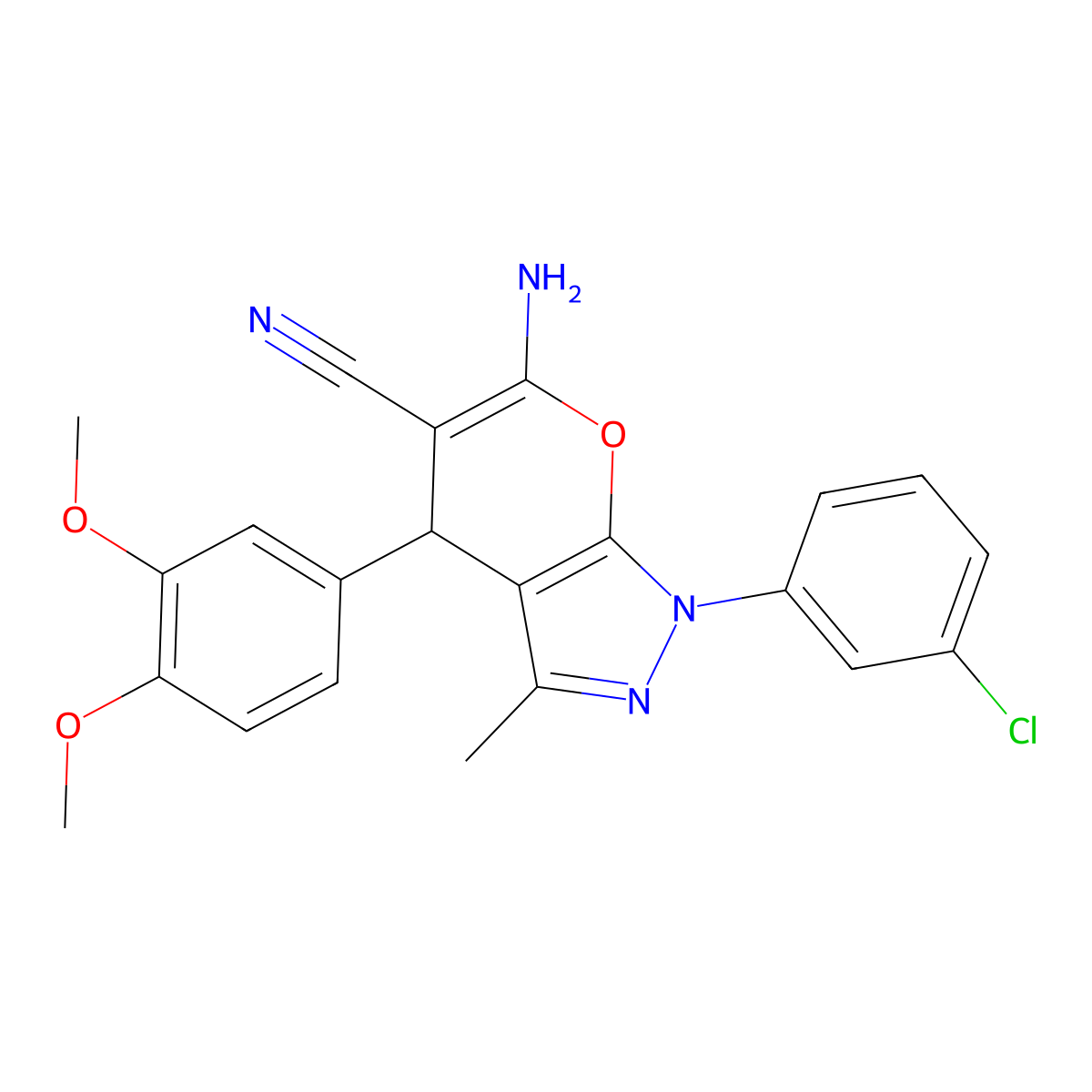 6-amino-1-(3-chlorophenyl)-4-(3,4-dimethoxyphenyl)-3-methyl-4H-pyrano[2,3-c]pyrazole-5-carbonitrile molecular structure, CAS 625374-55-2