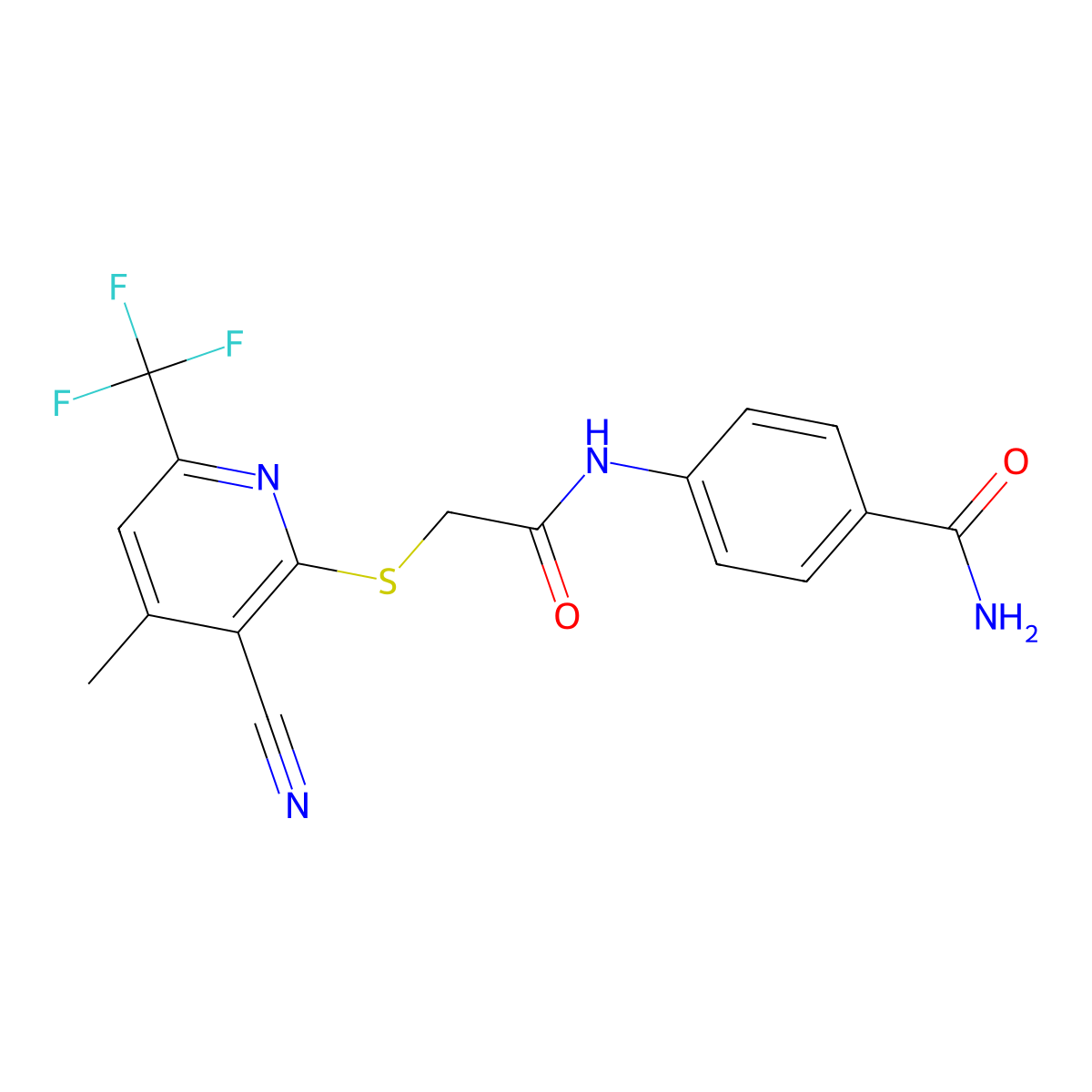 4-[[2-[3-Cyano-4-methyl-6-(trifluoromethyl)pyridin-2-yl]sulfanylacetyl]amino]benzamide molecular structure, CAS 625375-24-8
