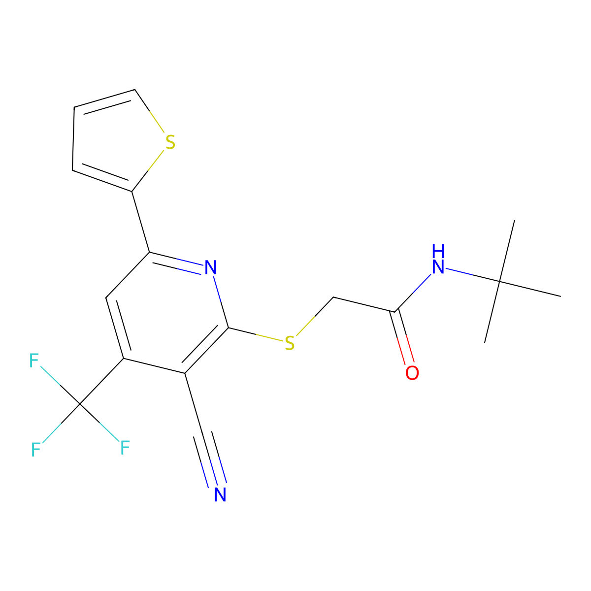 N-tert-butyl-2-{[3-cyano-6-(thiophen-2-yl)-4-(trifluoromethyl)pyridin-2-yl]sulfanyl}acetamide molecular structure, CAS 625375-28-2