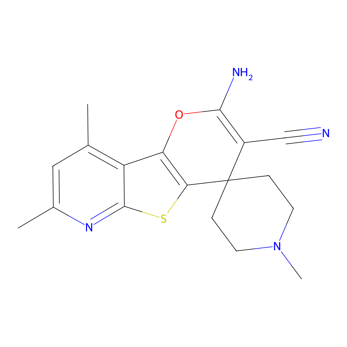 2'-Amino-1,7',9'-trimethylspiro[piperidine-4,4'-pyrano[2',3':4,5]thieno[2,3-b]pyridine]-3'-carbonitrile molecular structure, CAS 625375-31-7