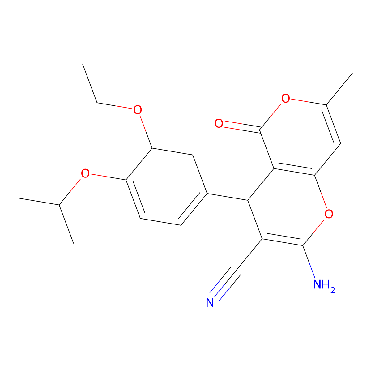 2-amino-4-(5-ethoxy-4-isopropoxy-1,3-cyclohexadienyl)-7-methyl-5-oxo-4H,5H-pyrano[4,3-b]pyran-3-carbonitrile molecular structure, CAS 625375-61-3
