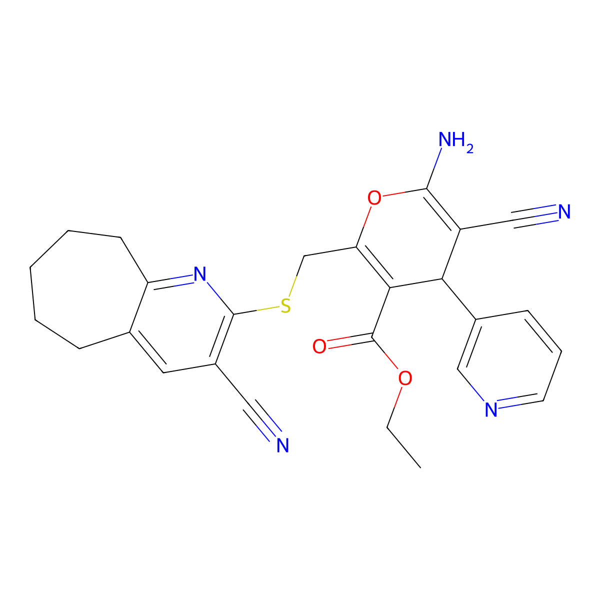 ethyl 6-amino-5-cyano-2-[(3-cyano-6,7,8,9-tetrahydro-5H-cyclohepta[b]pyridin-2-yl)sulfanylmethyl]-4-pyridin-3-yl-4H-pyran-3-carboxylate molecular structure, CAS 625375-71-5