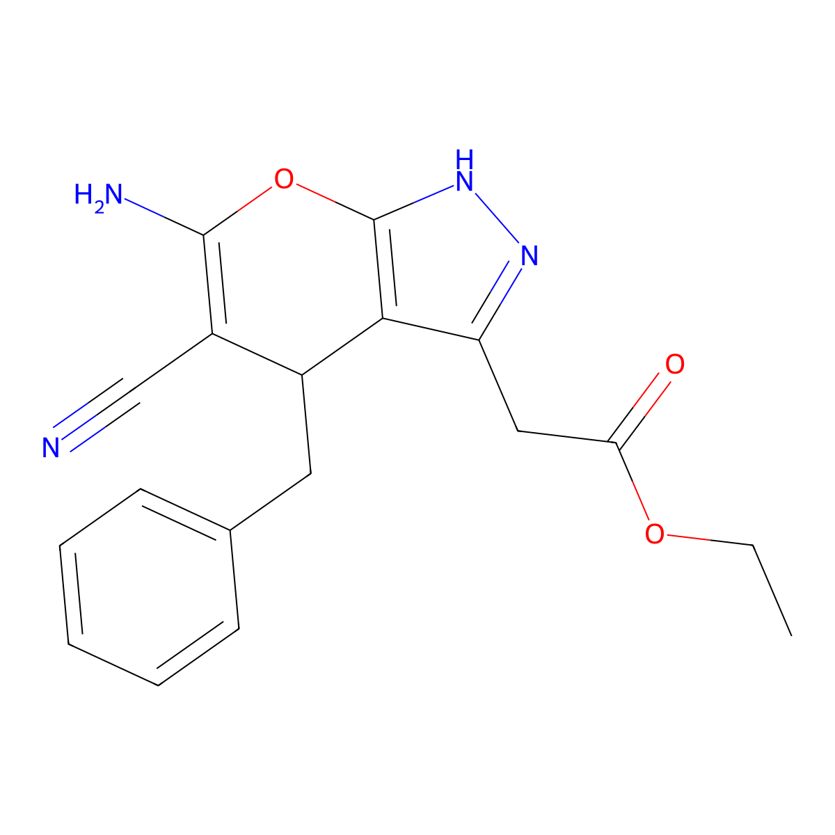 Ethyl 2-(6-amino-4-benzyl-5-cyano-2,4-dihydropyrano[2,3-c]pyrazol-3-yl)acetate molecular structure, CAS 625376-02-5