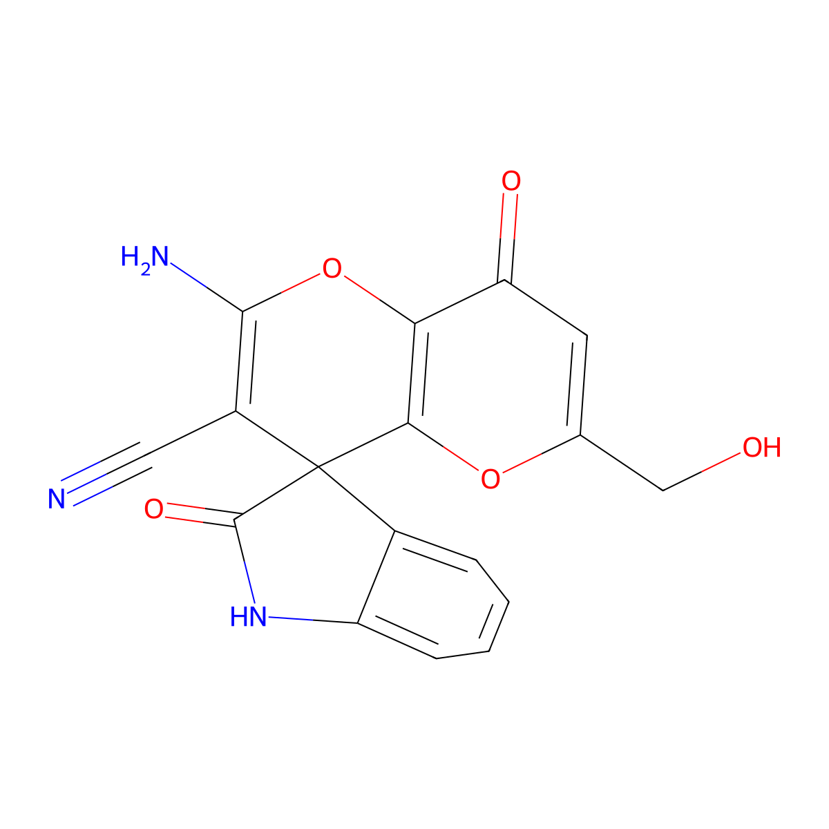 2'-amino-6'-(hydroxymethyl)-2,8'-dioxo-8'H-spiro[indoline-3,4'-pyrano[3,2-b]pyran]-3'-carbonitrile molecular structure, CAS 625376-07-0