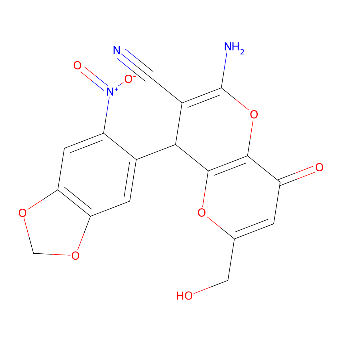 2-amino-6-(hydroxymethyl)-4-(6-nitro-1,3-benzodioxol-5-yl)-8-oxo-4H-pyrano[3,2-b]pyran-3-carbonitrile molecular structure, CAS 625376-12-7