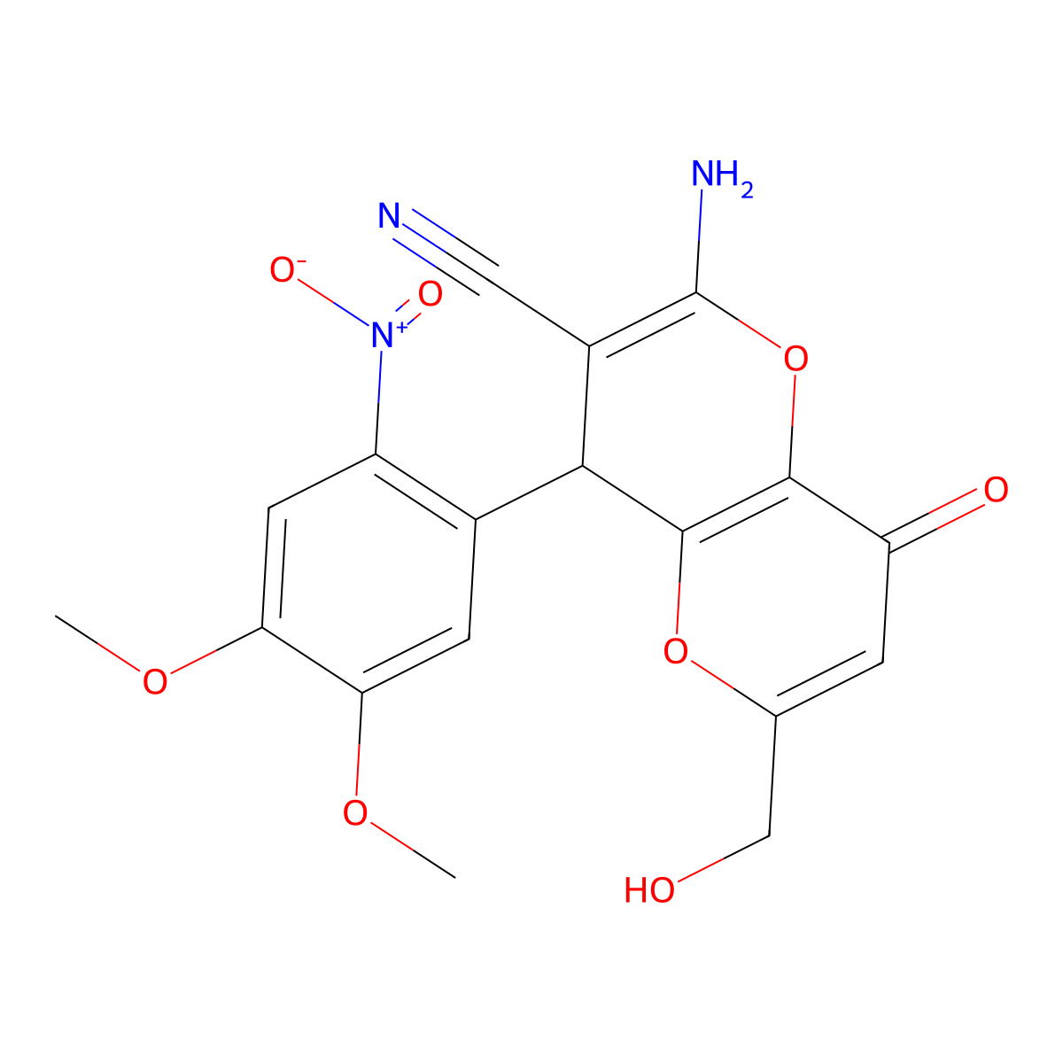 2-Amino-4-(4,5-dimethoxy-2-nitrophenyl)-6-(hydroxymethyl)-8-oxo-4,8-dihydropyrano[3,2-b]pyran-3-carbonitrile molecular structure, CAS 625376-13-8