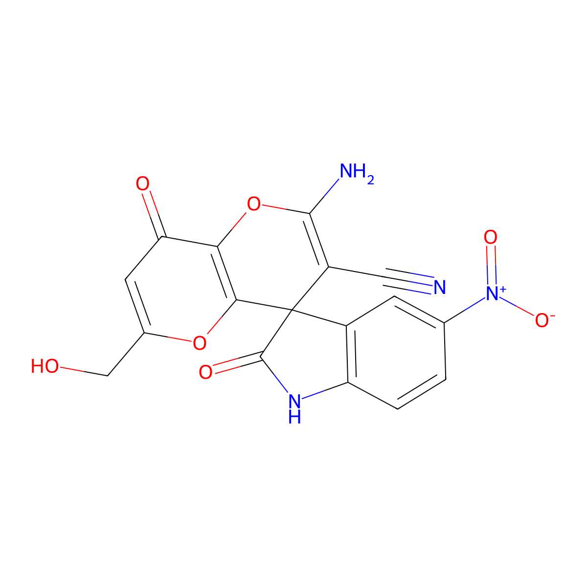 2'-amino-6'-(hydroxymethyl)-5-nitro-2,8'-dioxo-1,2-dihydro-8'H-spiro[indole-3,4'-pyrano[3,2-b]pyran]-3'-carbonitrile molecular structure, CAS 625376-14-9
