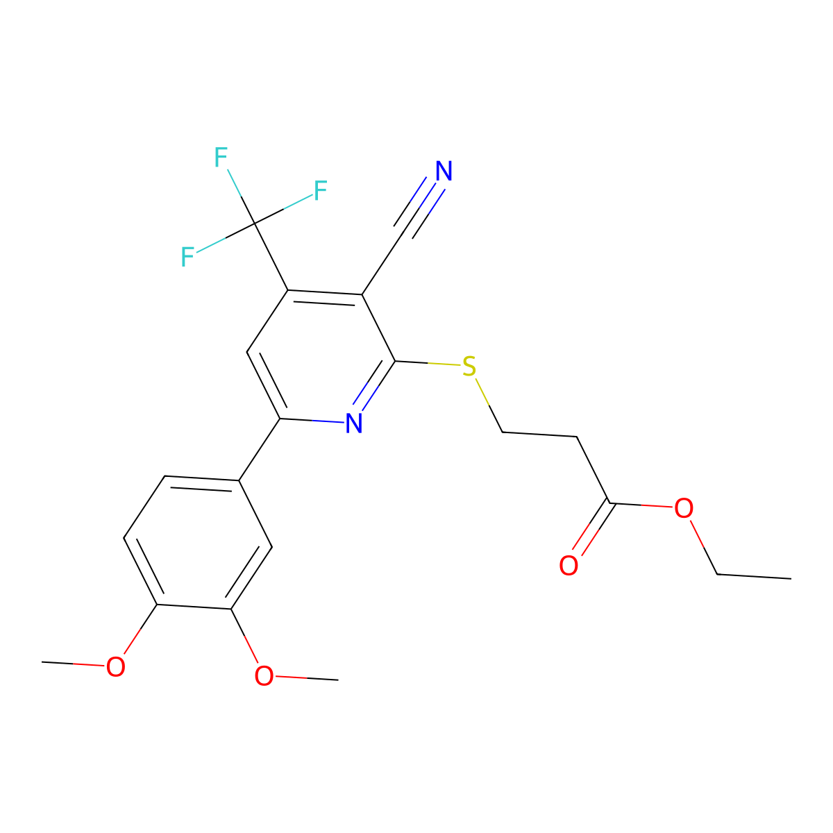 Ethyl 3-[3-cyano-6-(3,4-dimethoxyphenyl)-4-(trifluoromethyl)pyridin-2-yl]sulfanylpropanoate molecular structure, CAS 625376-45-6