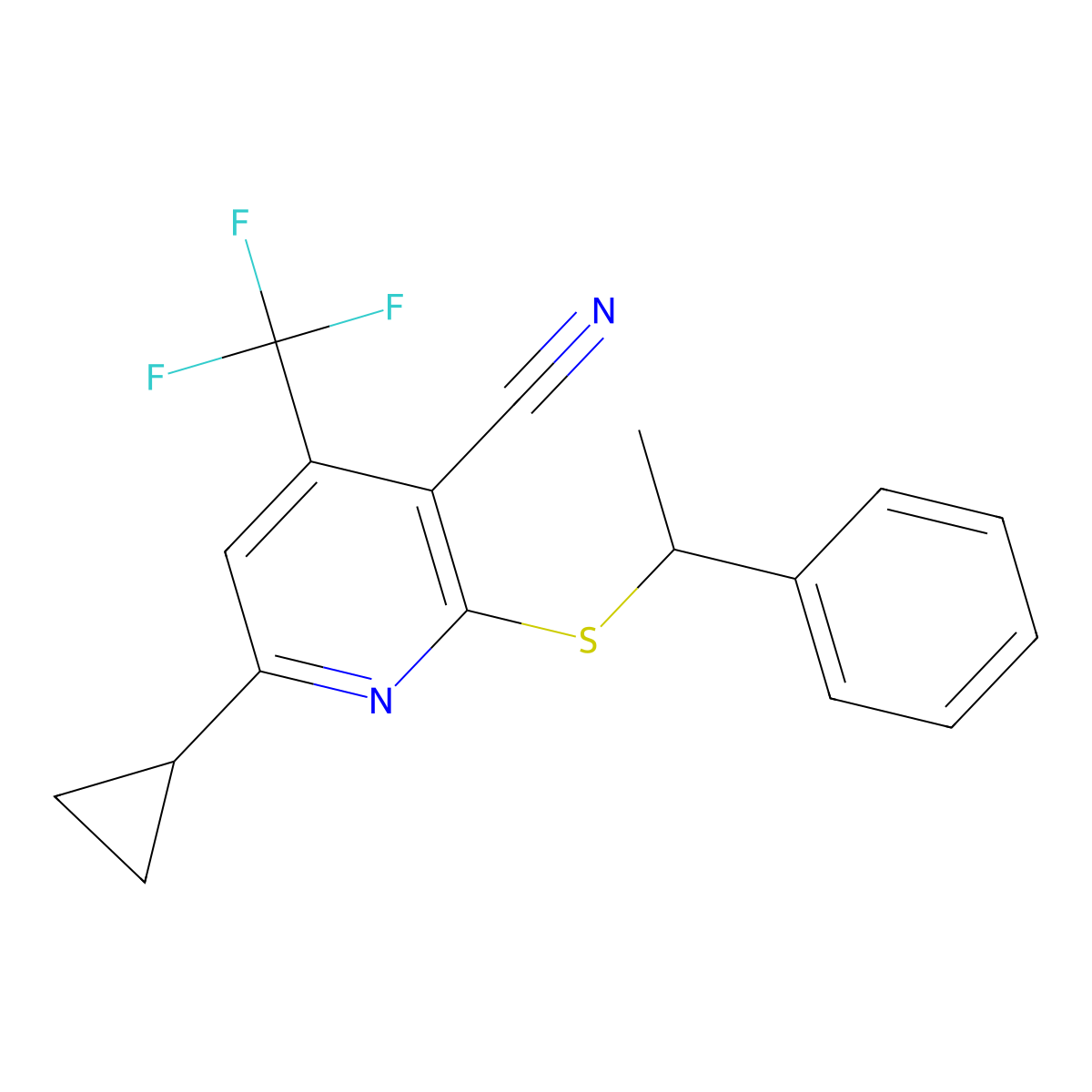 6-Cyclopropyl-2-[(1-phenylethyl)sulfanyl]-4-(trifluoromethyl)nicotinonitrile molecular structure, CAS 625376-63-8