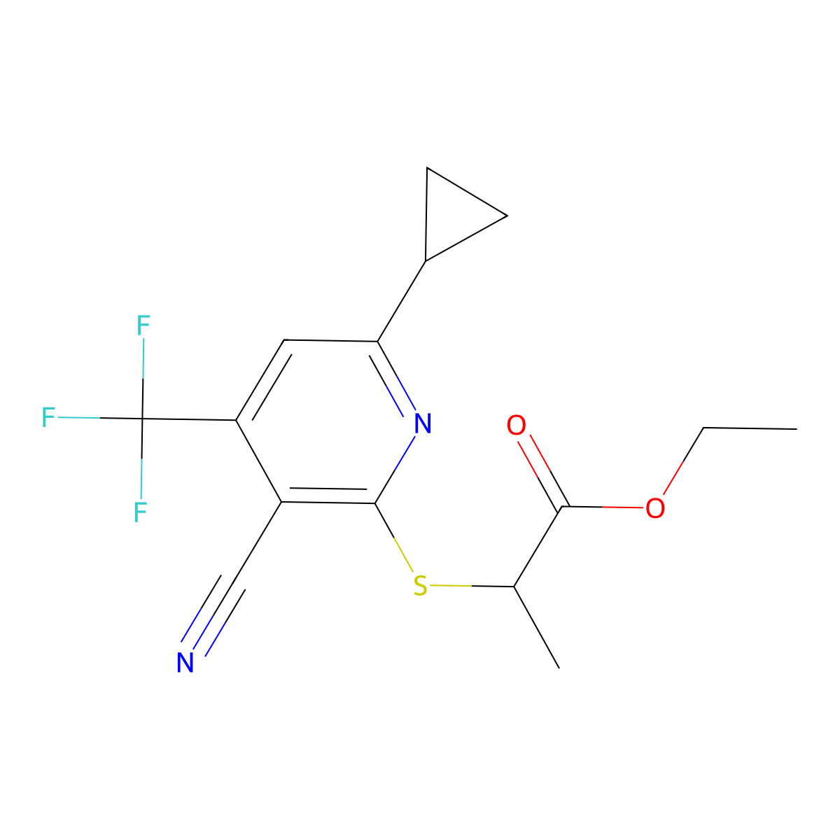 Ethyl 2-{[3-cyano-6-cyclopropyl-4-(trifluoromethyl)-2-pyridinyl]sulfanyl}propanoate molecular structure, CAS 625376-64-9