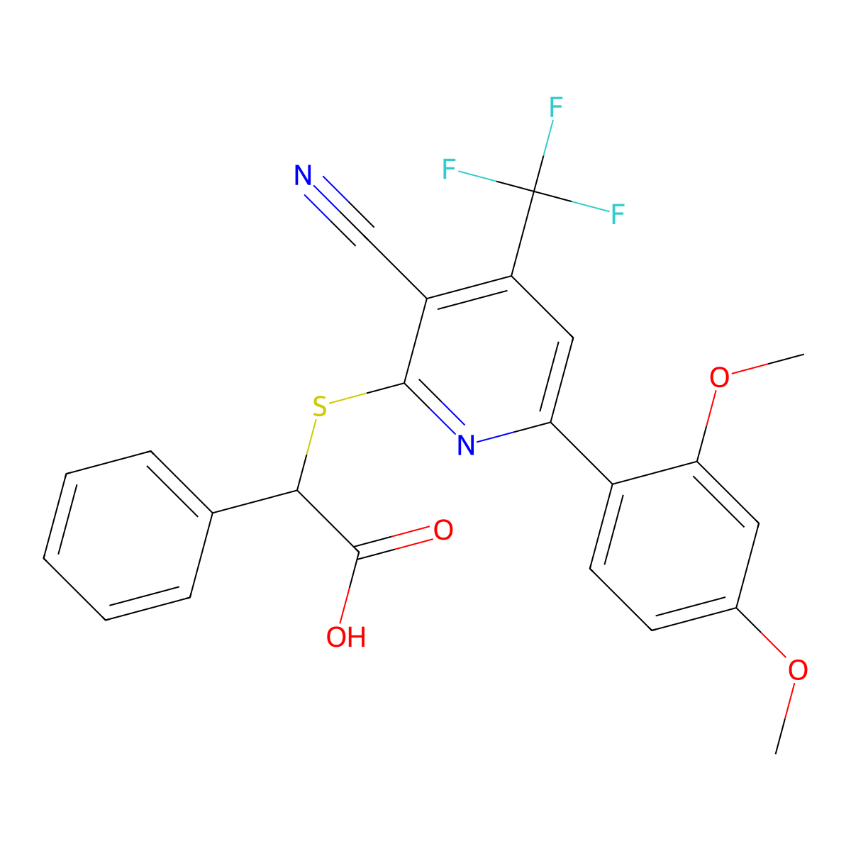 2-[3-Cyano-6-(2,4-dimethoxyphenyl)-4-(trifluoromethyl)pyridin-2-yl]sulfanyl-2-phenylacetic acid molecular structure, CAS 625376-75-2