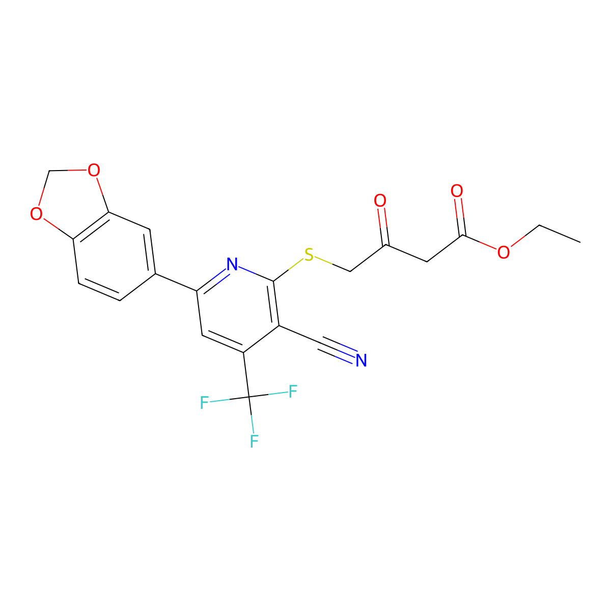 Ethyl 4-{[6-(1,3-benzodioxol-5-yl)-3-cyano-4-(trifluoromethyl)-2-pyridinyl]sulfanyl}-3-oxobutanoate molecular structure, CAS 625376-79-6