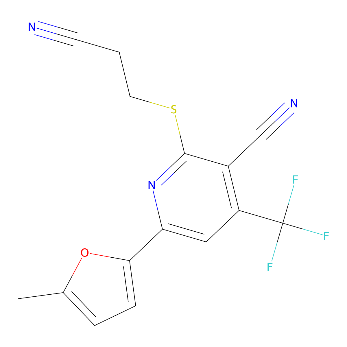 2-[(2-Cyanoethyl)thio]-6-(5-methyl-2-furyl)-4-(trifluoromethyl)nicotinonitrile molecular structure, CAS 625376-80-9
