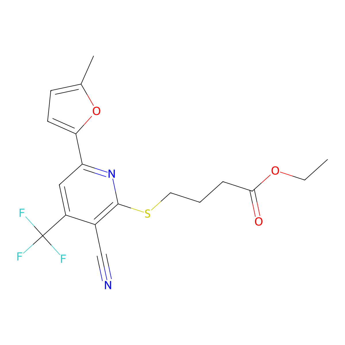 Ethyl 4-{[3-cyano-6-(5-methylfuran-2-yl)-4-(trifluoromethyl)pyridin-2-yl]sulfanyl}butanoate molecular structure, CAS 625376-81-0