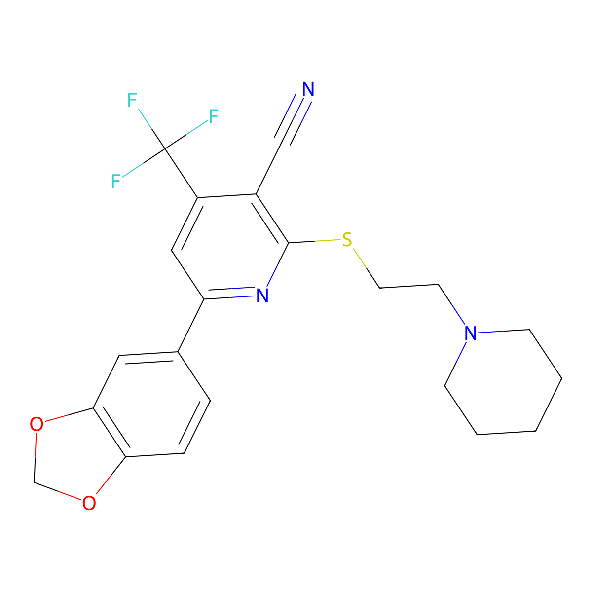 6-(1,3-Benzodioxol-5-yl)-2-(2-piperidin-1-ylethylsulfanyl)-4-(trifluoromethyl)pyridine-3-carbonitrile molecular structure, CAS 625376-93-4