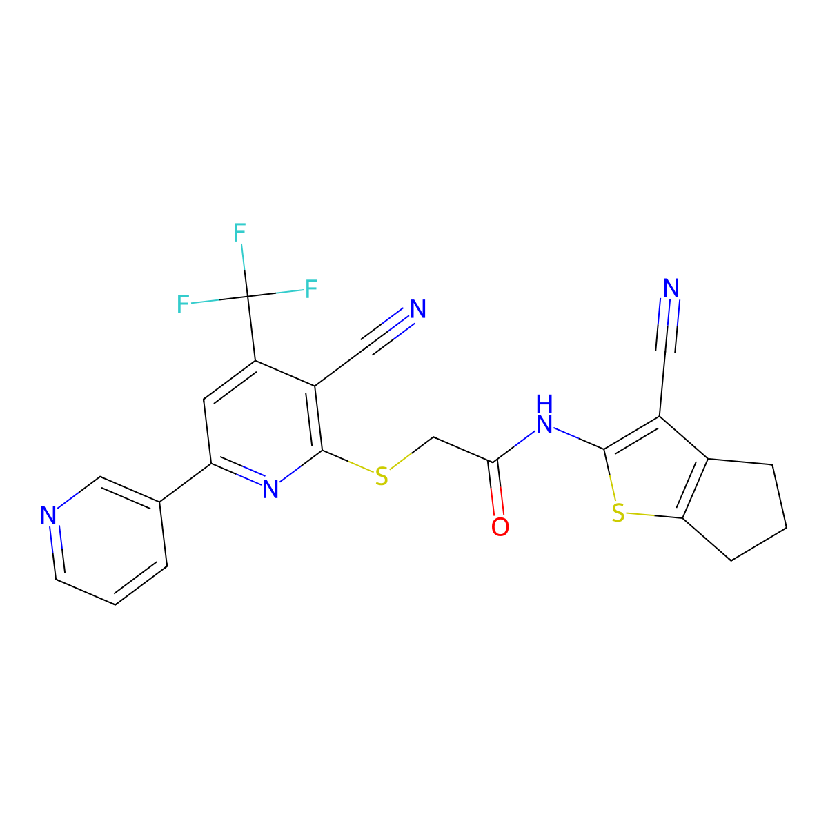 N-(3-cyano-5,6-dihydro-4H-cyclopenta[b]thiophen-2-yl)-2-[3-cyano-6-pyridin-3-yl-4-(trifluoromethyl)pyridin-2-yl]sulfanylacetamide molecular structure, CAS 625377-03-9