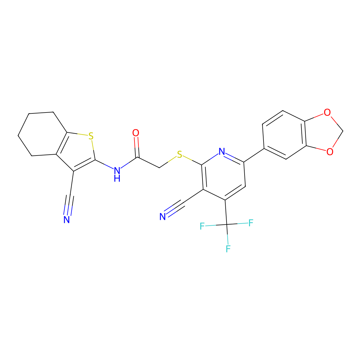 2-[6-(1,3-benzodioxol-5-yl)-3-cyano-4-(trifluoromethyl)pyridin-2-yl]sulfanyl-N-(3-cyano-4,5,6,7-tetrahydro-1-benzothiophen-2-yl)acetamide molecular structure, CAS 625377-08-4