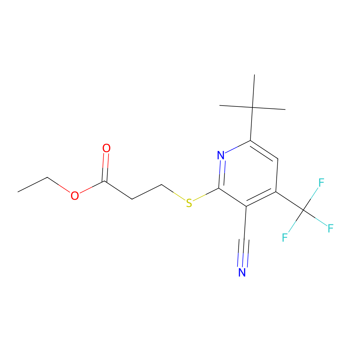 Ethyl 3-{[6-(tert-butyl)-3-cyano-4-(trifluoromethyl)-2-pyridinyl]sulfanyl}propanoate molecular structure, CAS 625377-18-6