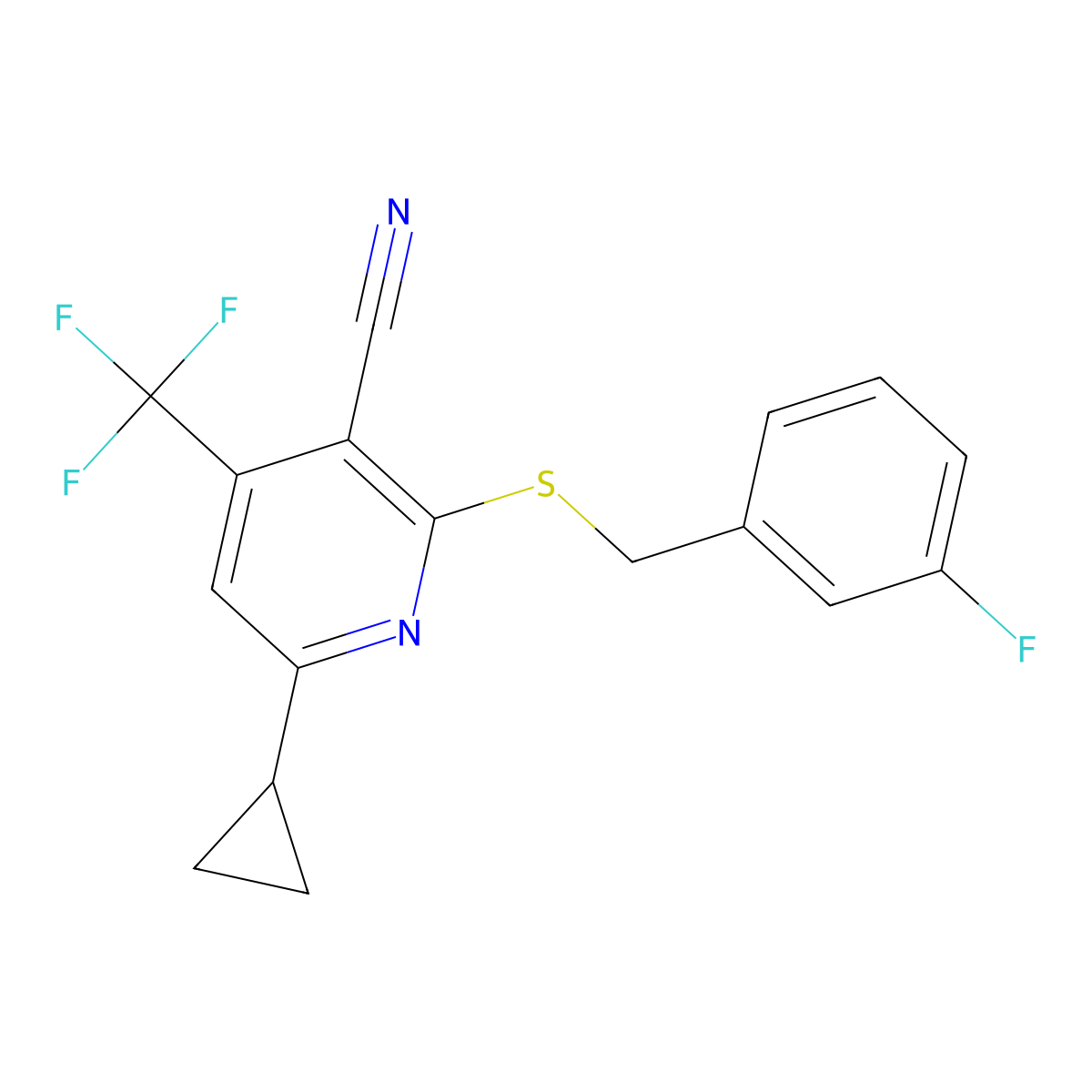 6-Cyclopropyl-2-[(3-fluorobenzyl)sulfanyl]-4-(trifluoromethyl)nicotinonitrile molecular structure, CAS 625377-21-1