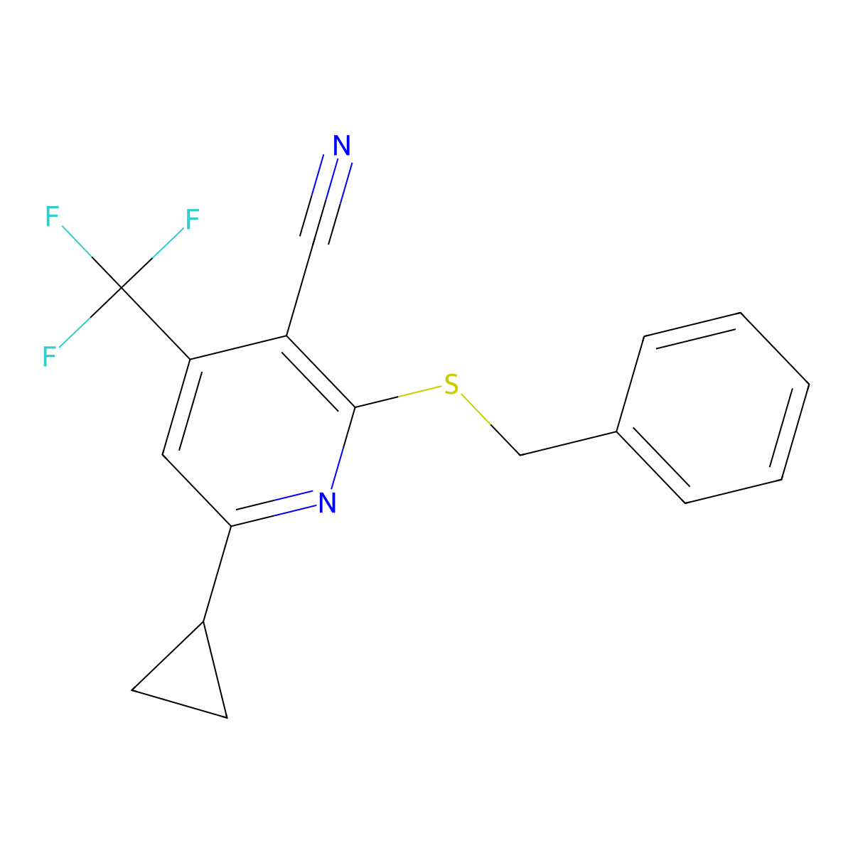 2-(Benzylsulfanyl)-6-cyclopropyl-4-(trifluoromethyl)nicotinonitrile molecular structure, CAS 625377-23-3
