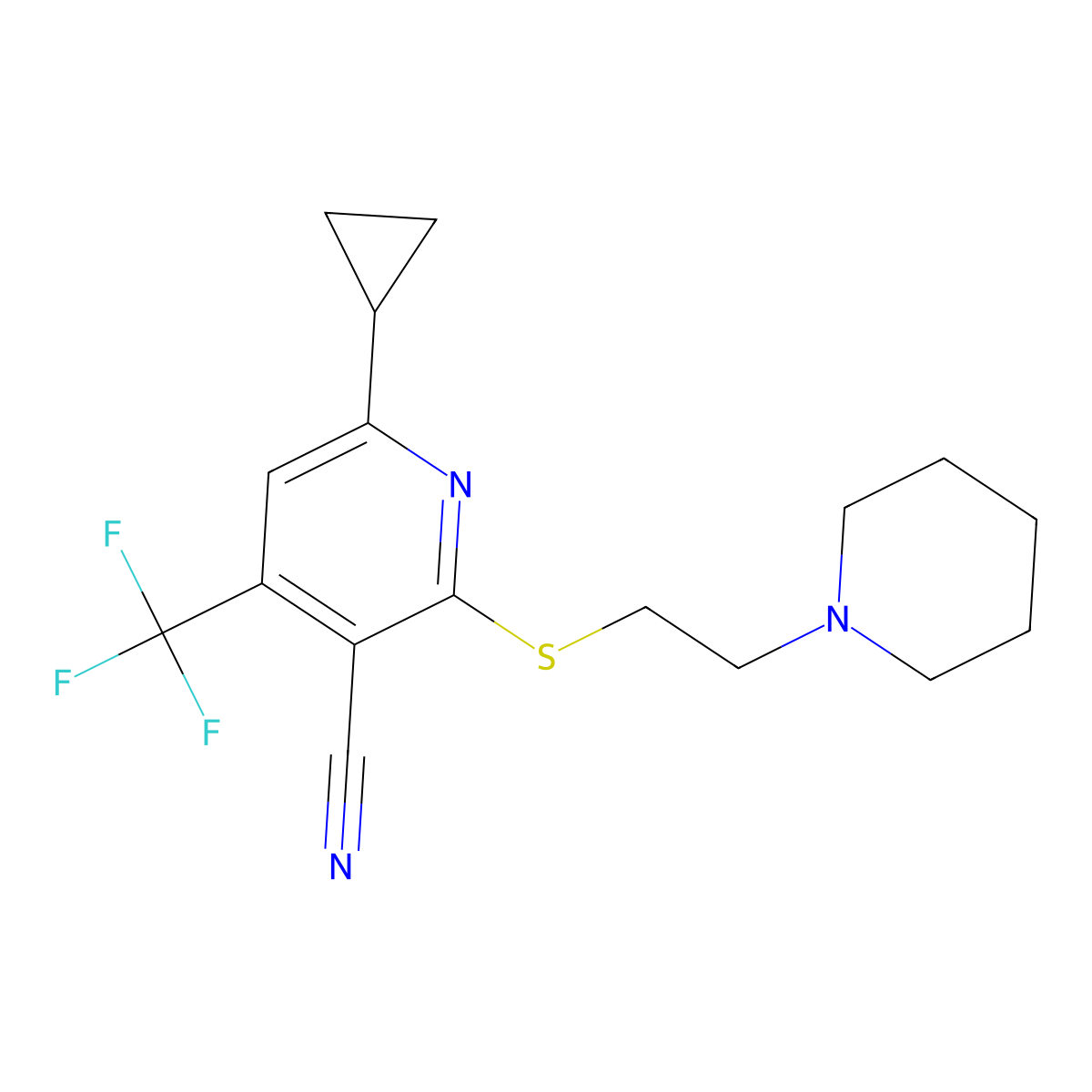 6-Cyclopropyl-2-{[2-(piperidin-1-yl)ethyl]sulfanyl}-4-(trifluoromethyl)pyridine-3-carbonitrile molecular structure, CAS 625377-25-5