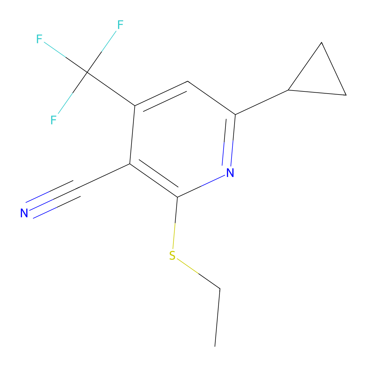 6-Cyclopropyl-2-ethylsulfanyl-4-(trifluoromethyl)pyridine-3-carbonitrile molecular structure, CAS 625377-26-6