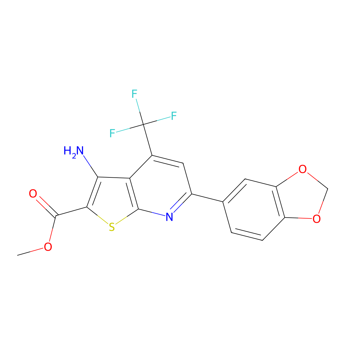 Methyl 3-amino-6-(1,3-benzodioxol-5-yl)-4-(trifluoromethyl)thieno[2,3-b]pyridine-2-carboxylate molecular structure, CAS 625377-31-3